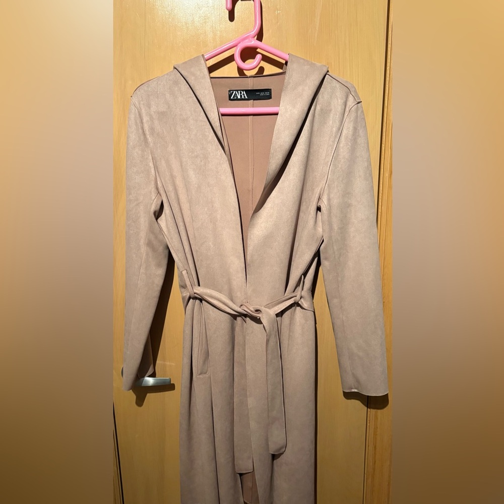 Zara faux suede jacket trench with hood belted lightweight women’s size Small - Picture 7 of 7